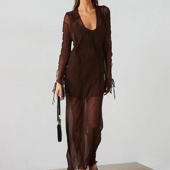 Mango | Dresses | Mango Ruffle Chiffon Maxi Dress Brown S | Poshmark